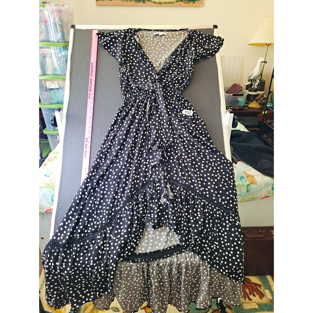 BEYOND the RADAR Black White Polka Dot Chiffon Hi-Low V-Neck Dress L